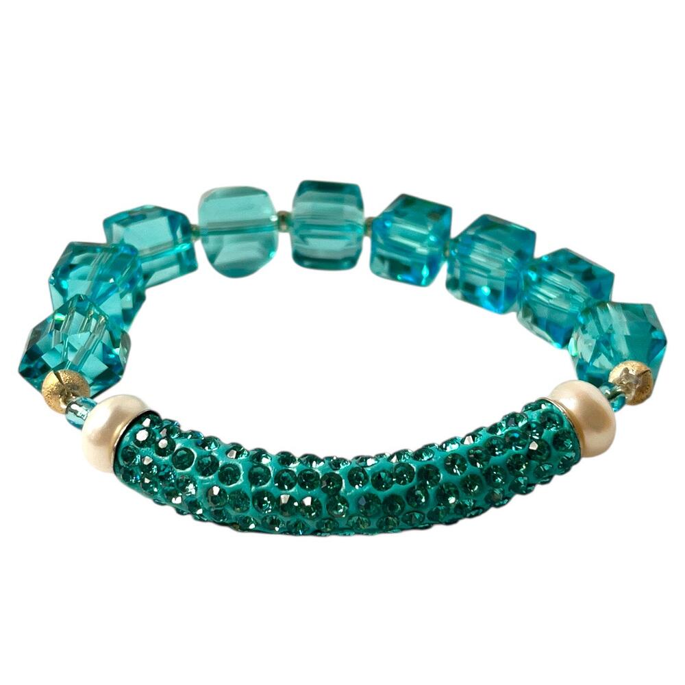 Womens Handmade Bracelet Glass Rhinestones Pearl Blue Nautical
